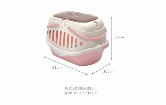 White and pink portable pet carrier with a transparent brown top, ventilation slots, and a sturdy handle. - Image 6