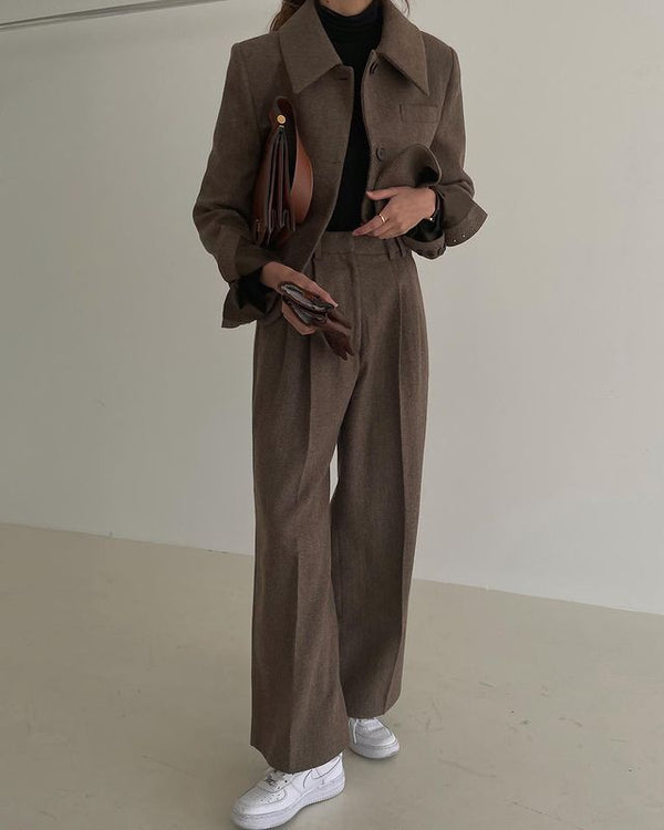 Blazer Sastre Cuadros Escoceses Lana Pura Cintura Alta Piernas Anchas