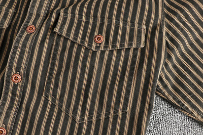 Camisa Manga Larga Hombre Rayas Retro Algodón Tejido Lavado Comfort Casual - Image 12