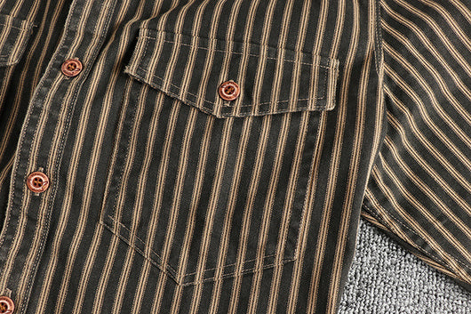 Camisa Manga Larga Hombre Rayas Retro Algodón Tejido Lavado Comfort Casual - Image 12