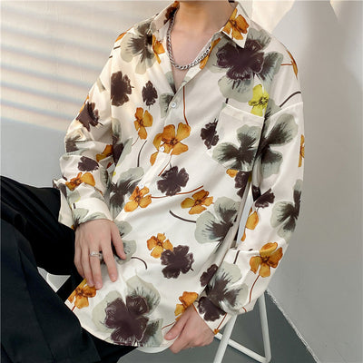 Camisa Floral Retro Holgada de Manga Larga para Hombre
