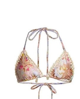 Women's green and pink floral bikini suit with matching sarong. Halter triangle top, tie-side bottoms, and wrap skirt. - Image 5