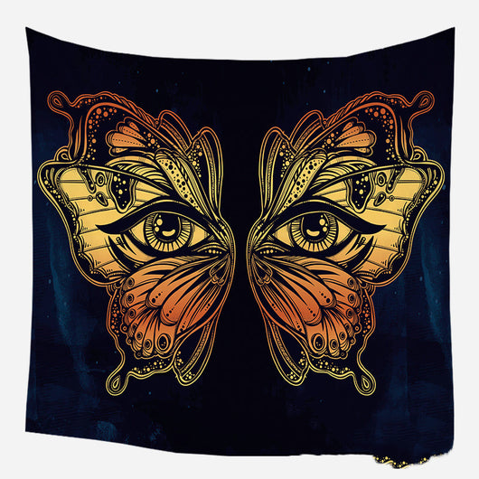 Golden crescent moon and woman silhouette tapestry with a floral crown against a dark blue starry background. - Image 57