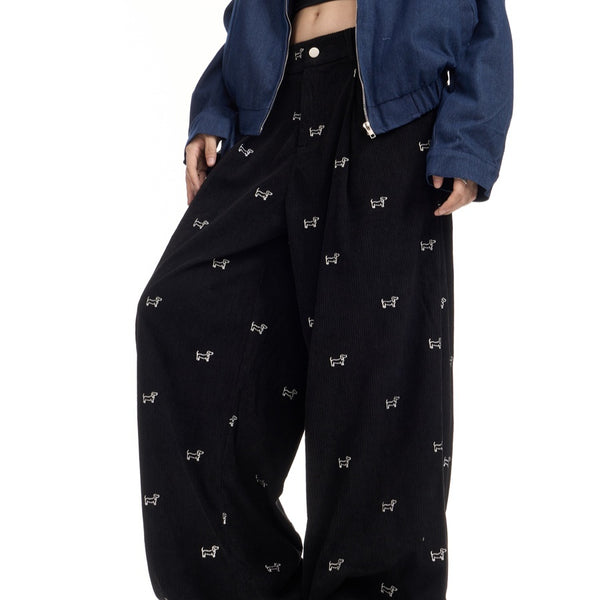 Pantalones Corduroy Retro Americano con Bordado Completo para Mujer - Corte Recto Holgado