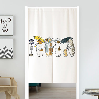 White segmented fabric door curtain with a cartoon design of three cats cooking and surrounded by fried eggs. - Image 3