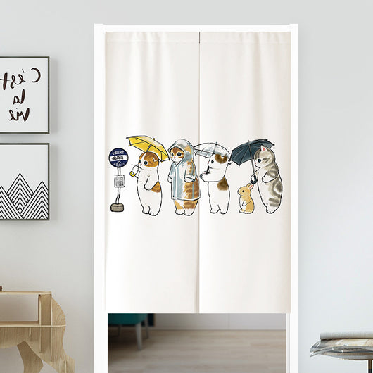 White segmented fabric door curtain with a cartoon design of three cats cooking and surrounded by fried eggs. - Image 3