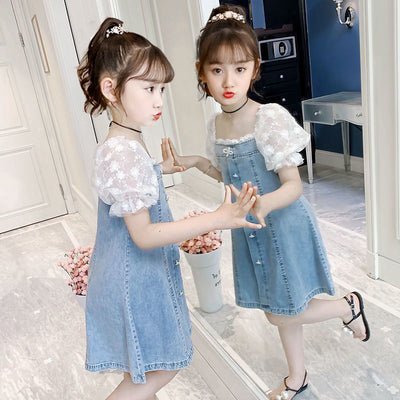 Vestido Denim Niña con Encaje y Mangas Abullonadas - Estilo A-Line Patchwork Verano - Image 3
