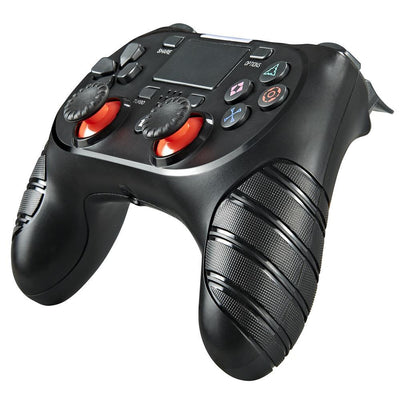 Black wireless game controller for PS4 with red joysticks, textured grips, and standard control buttons. - Image 4