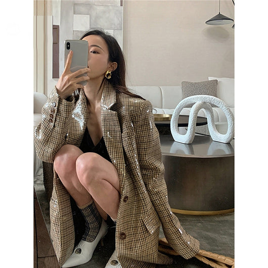 Blazer Cuadrille con Lentejuelas - Saco Retro Británico Oversized para Mujer - Image 7