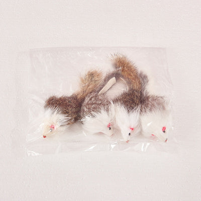 Four furry cat mouse toys with white and brown fur, red noses, and black eyes on a white background. - Image 4