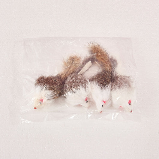 Four furry cat mouse toys with white and brown fur, red noses, and black eyes on a white background. - Image 4