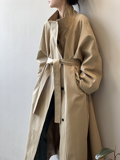 Abrigo Trinchera Largo Mujer Cuello Alzado Oversized Abotonado Simple - Image 25
