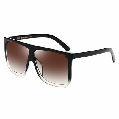 Large frame flat top sunglasses with black frames, brown gradient lenses, and subtle leopard print detail. - Image 19