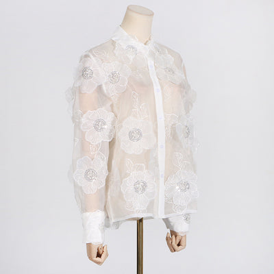 Camisa Polo de Diseño con Bordado 3D, Lentejuelas y Flores Volumétricas - Image 11