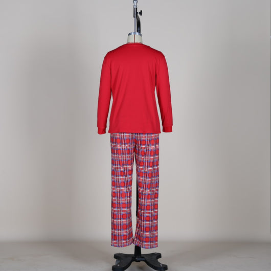 Man wearing a red long-sleeve pajama top and red plaid pajama pants, suitable for Christmas or holiday loungewear. - Image 8