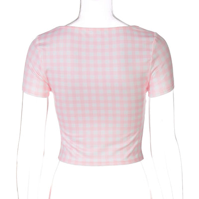 Blusa Corta Estampado Cuadros Ajustada Ombliguera Manga Corta - Image 10