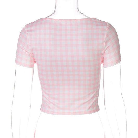Blusa Corta Estampado Cuadros Ajustada Ombliguera Manga Corta - Image 10