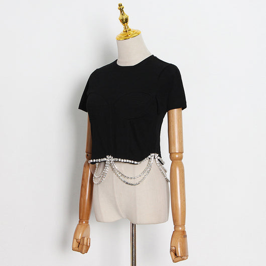 Blusa Francesa de Pedrería con Corte Tridimensional, Ajustada y Manga Corta para Mujer - Image 5