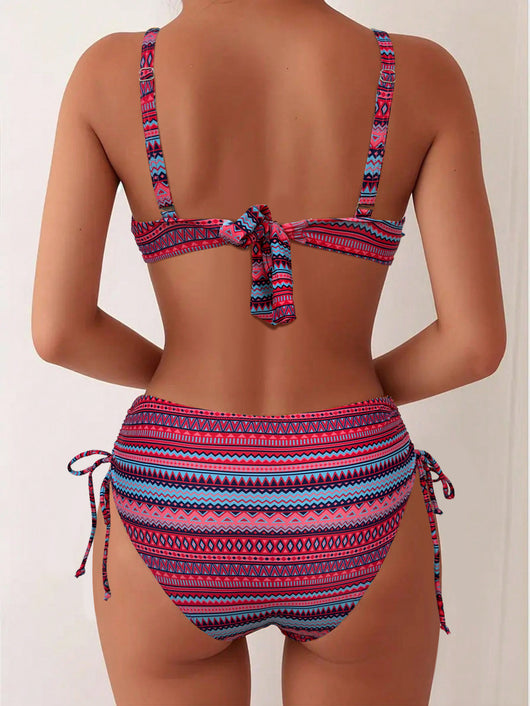 Blue, white, and black geometric print bikini with spaghetti strap bandeau top and high-waisted side-tie bottoms. - Image 23