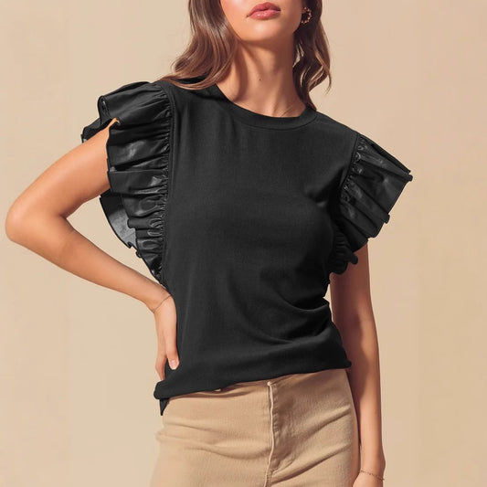 Playera de Algodón para Mujer con Detalles de Malla y Volantes