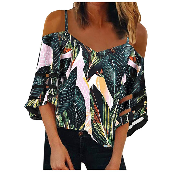 Blusa Hombro Descubierto con Mangas Acampanadas y Estampado