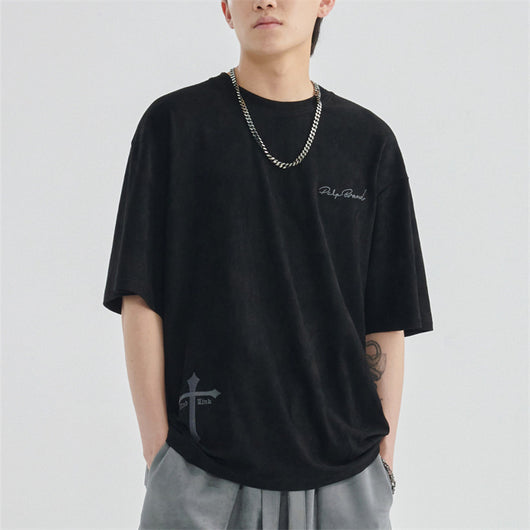 Blusa Holgada de Manga Corta con Parches de Gamuza - Estilo Urbano Trendy