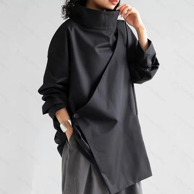 Camisa Elegante de Manga Larga con Cuello Cascada Oscuro