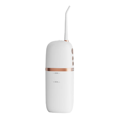 White and rose gold portable electric water flosser with a curved nozzle and volume markings for 160ml and 200ml. - Image 7