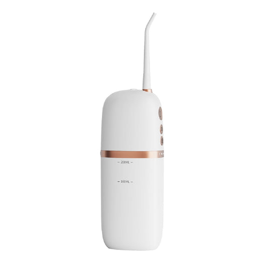 White and rose gold portable electric water flosser with a curved nozzle and volume markings for 160ml and 200ml. - Image 7