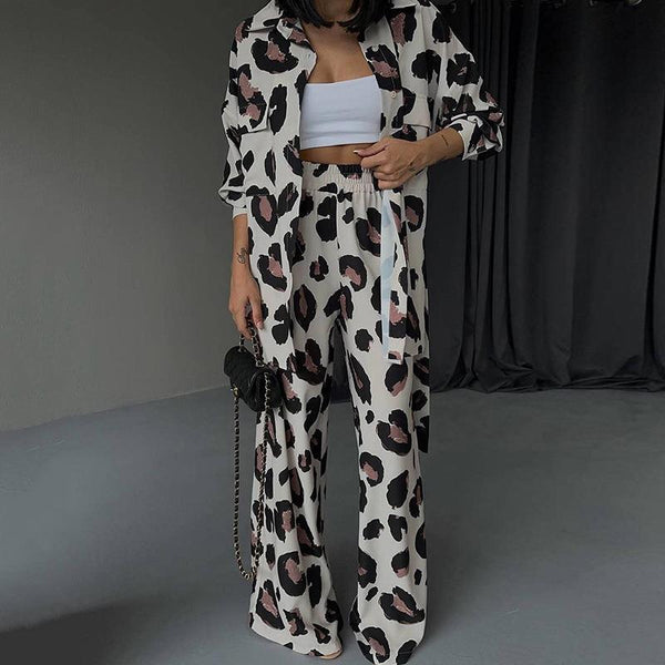 Conjunto de Dos Piezas: Blusa Estampada Manga Larga y Pantalón Ancho