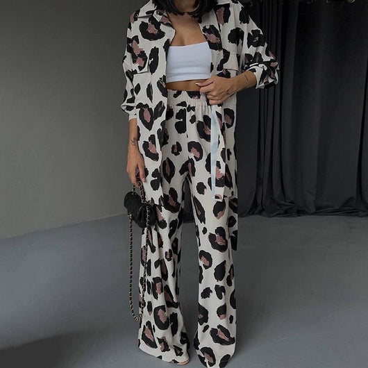 Conjunto de Dos Piezas: Blusa Estampada Manga Larga y Pantalón Ancho