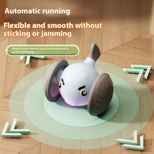 Yellow and white pet toy resembling a pufferfish with large gray wheels, designed for interactive play. - Image 2