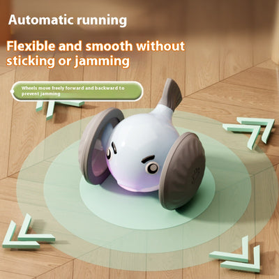 Yellow and white pet toy resembling a pufferfish with large gray wheels, designed for interactive play. - Image 2