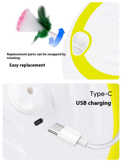 Electric cat toy with white and lime green base, feather attachment, and two replacement feather heads. - Image 13