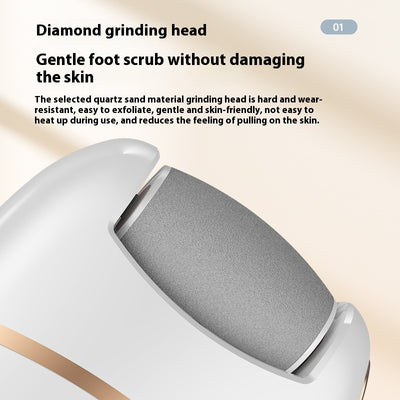 White and gold electric foot callus remover with a roller head, a replacement roller, cleaning brush, and USB cable. - Image 4