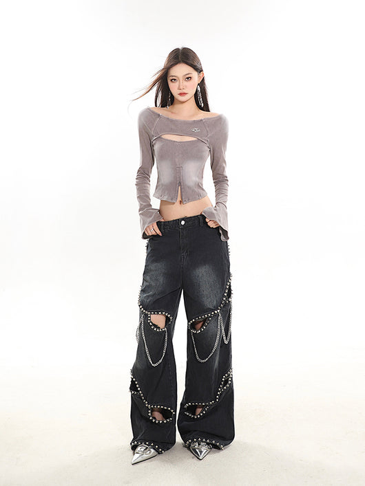 Jeans con Cadena de Remaches Hueca de Diseño Industrial - Image 11