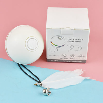 White electric interactive cat toy ball with LED light and feather attachment, shown with its white packaging box. - Image 5