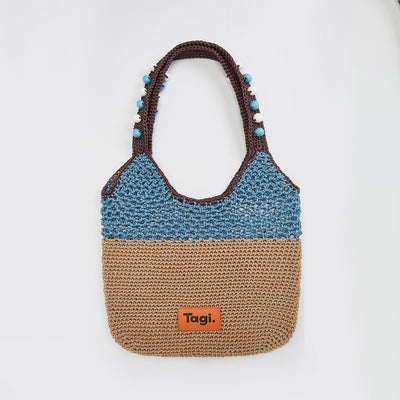 Bolsa Tejida Artesanal con Cuentas de Madera - Diseño Bicolor para Hombro - Image 9