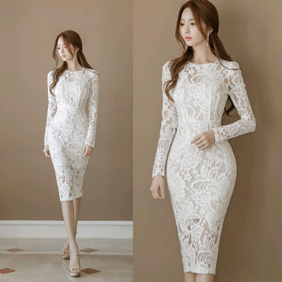 Vestido Largo Elegante con Encaje y Cuello Redondo para Mujer