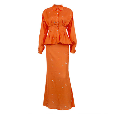 Conjunto Elegante: Blusa Estampada de Manga Larga con Falda Cola de Pez - Image 12