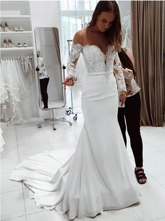 Vestido de Novia Elegante con Hombro Descubierto y Encaje de Manga Larga