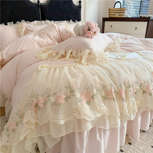 Juego de Cama Cuatro Piezas con Encaje Bordado en Algodón Chiffon - Image 4