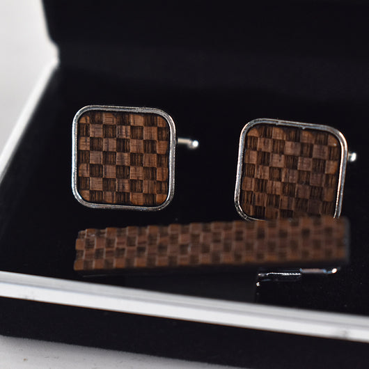 Set de Gemelos y Clip de Corbata Cuadrado con Patrón Reticular - Image 6