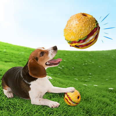 Yellow hamburger-shaped dog sound toy pet ball with red, white, and green details, featuring textured surfaces and purple sound components. - Image 11