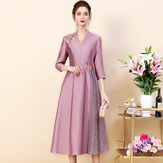 Vestido Elegante de Manga Tres Cuartos con Cintura Definida