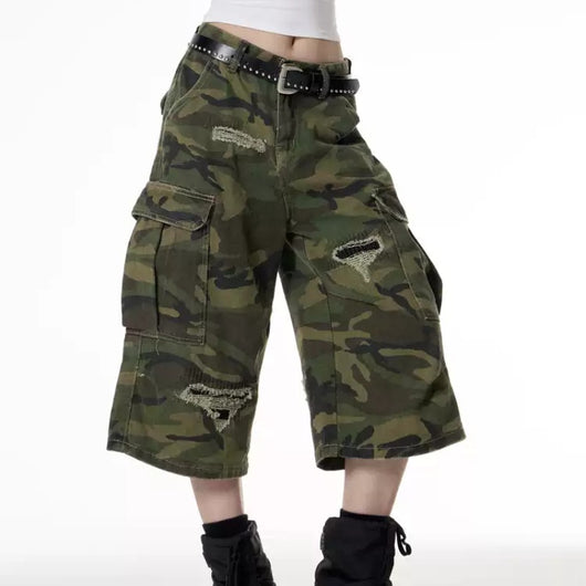 Pantalones Cortos Cargo Camuflaje Rotos con Parches Retro para Mujer - Image 7