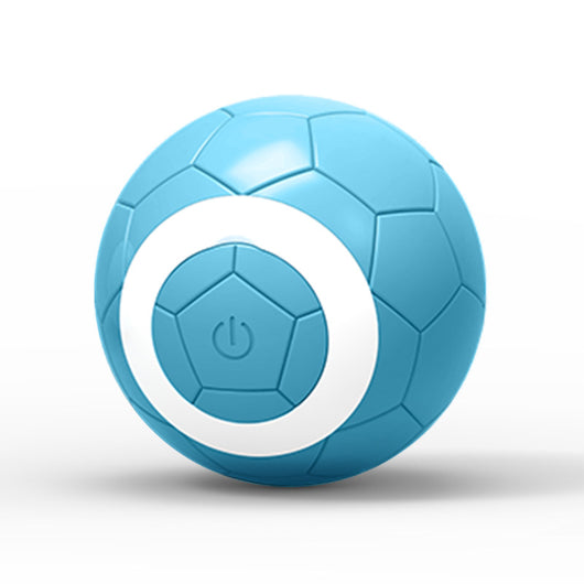 Yellow electric pet toy ball with a soccer ball pattern and a white ring around a central power button. - Image 5