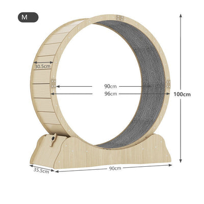 Light wood cat exercise wheel, size M, with a dark grey scratching surface and visible dimensions. - Image 9
