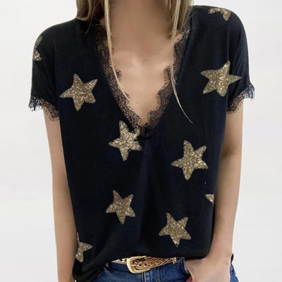 Blusa Estampada con Escote en V y Detalles de Encaje