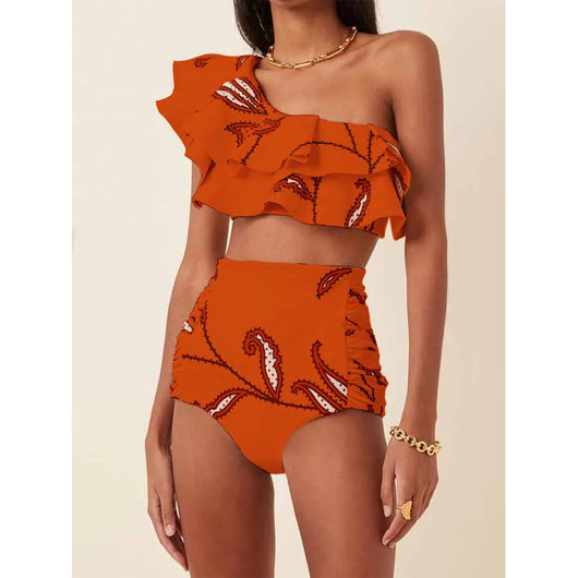 Bikini de Cintura Alta con Hombro Descubierto y Volantes Estampado - Image 5